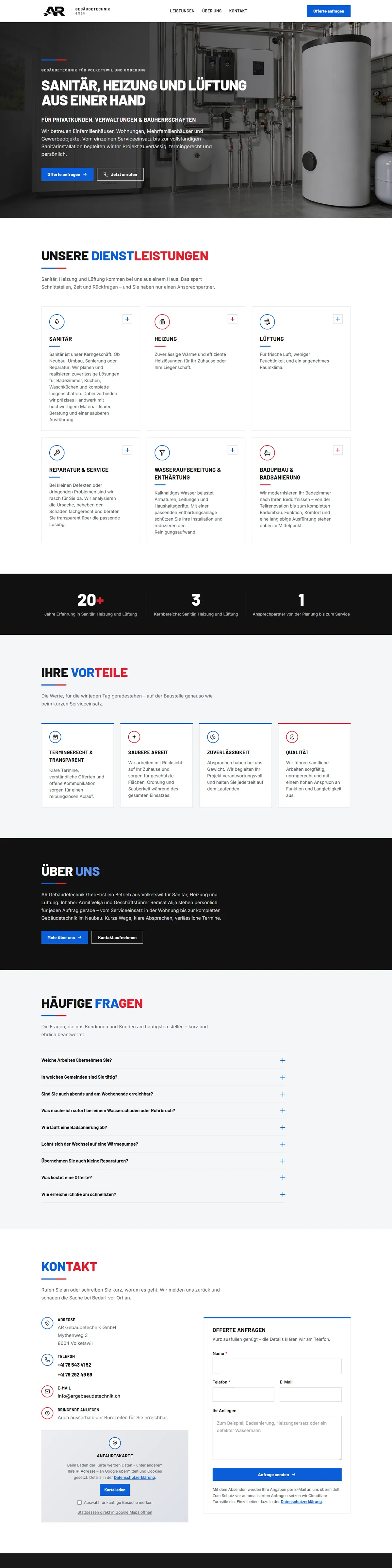 Startseite der Website von AR Gebäudetechnik GmbH, Sanitär, Heizung und Lüftung in Volketswil